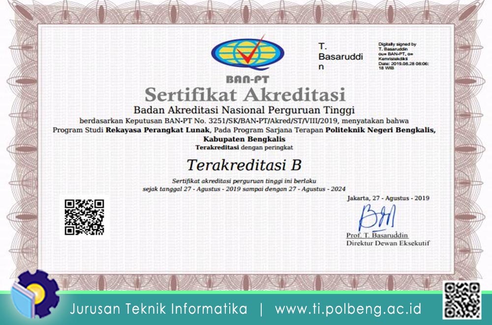 Program Studi D4 RPL Jurusan Teknik Informatika Politeknik Negeri Bengkalis Telah Resmi Terakreditasi “B” berdasarkan SK BAN-PT